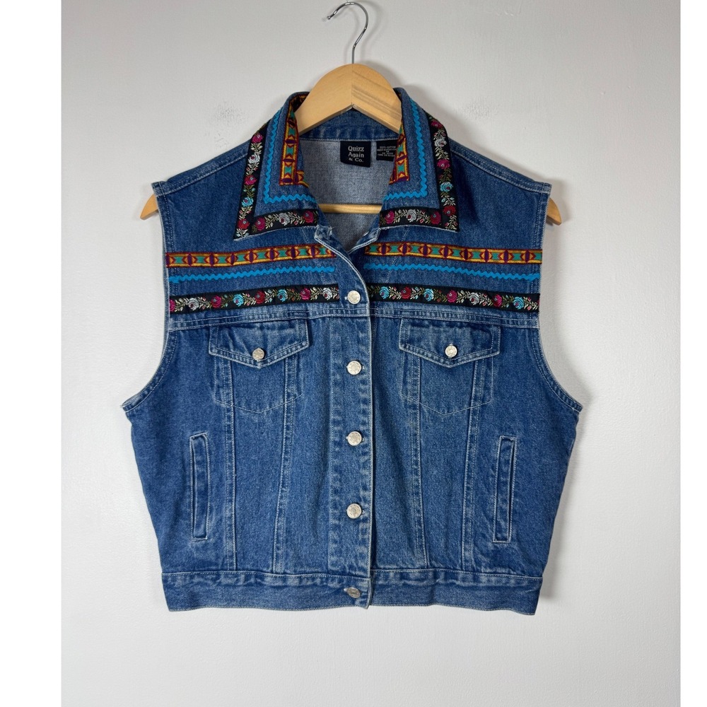 Boho Western Quizz Again & Co Womens Medium Denim Vest Blue Embroidered Floral